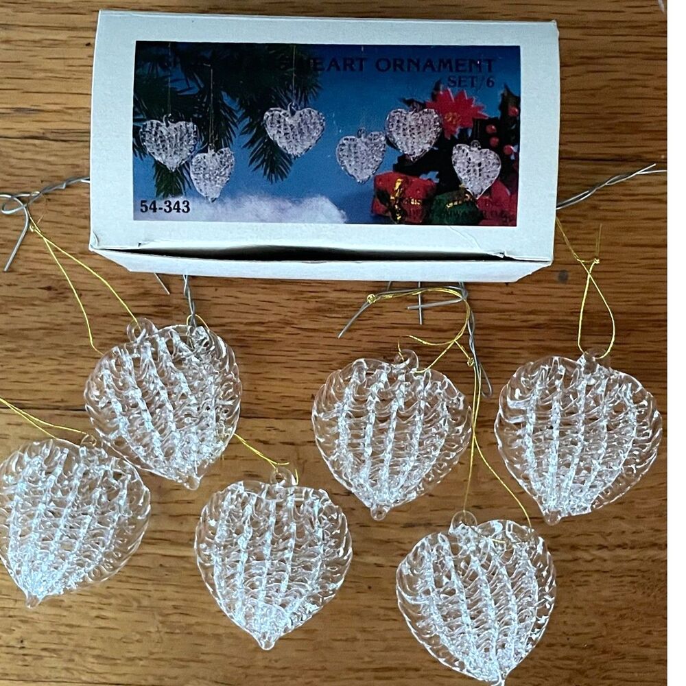 Vintage Clear Heart Christmas Ornaments Set of 6 Made in Taiwan Boxed